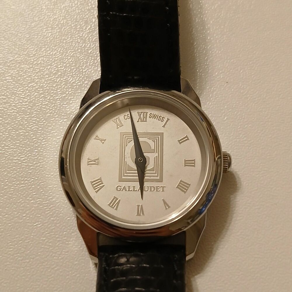 Gallaudet CSI Women's Silver Tone Dial Swiss Black Leather Band Watch WR 3ATM - Picture 2 of 12